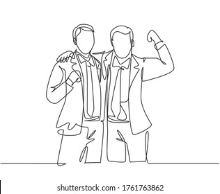 One continuous line drawing of two young happy businessmen at the office standing together and posing to hug each other. Business partner concept single line draw design vector graphic illustration
