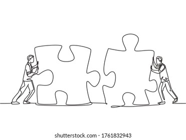 One continuous line drawing of two young businessmen push puzzle pieces to unite them as sign to start business collaboration. Modern unity teamwork concept single line draw design vector illustration - Shutterstock ID 1761832943