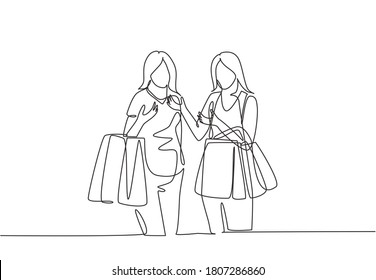 One continuous line drawing two young happy women friend holding paper bags while shopping together. Shopping clothing, dress, fashion, makeup in mall concept. Single line draw design illustration