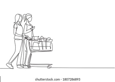 One continuous line drawing two young beauty happy woman shopping and pushing trolley together at supermarket to buy daily organic products. Shopping concept. Single line draw design illustration