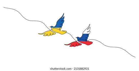 One continuous line drawing of two dove for support Ukraine. Flying birds symbol in country flag colors in simple linear style. No war sign icon isolated on white. Doodle vector illustration