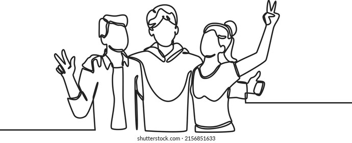 One continuous line drawing of two happy friends posing with their graduating friend. Friendship day. Single line draw design vector graphic illustration.