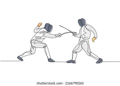 One continuous line drawing of two men fencing athlete practice fighting on professional sport arena. Fencing costume and holding sword concept. Dynamic single line draw design vector illustration