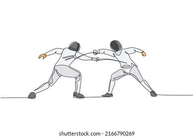 One continuous line drawing of two men fencing athlete practice fighting on professional sport arena. Fencing costume and holding sword concept. Dynamic single line draw design vector illustration