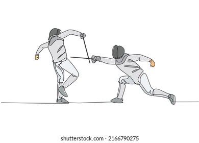 One continuous line drawing of two young men fencing athlete practice fighting on sport arena. Fencing costume and holding sword action concept. Dynamic single line draw design vector illustration