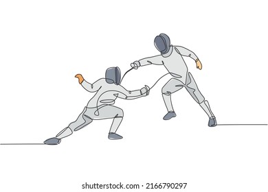 One continuous line drawing of two young men fencing athlete practice fighting action on sport arena. Fencing costume and holding sword concept. Dynamic single line draw design vector illustration