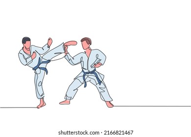 One continuous line drawing of two young talented karateka men train pose for duel fighting at dojo gym center. Mastering martial art sport concept. Dynamic single line draw design vector illustration