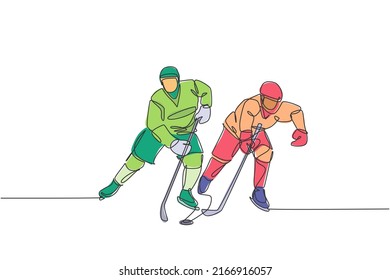 One continuous line drawing two young professional ice hockey player exercising on ice rink stadium together. Healthy extreme sport concept. Dynamic single line draw graphic design vector illustration