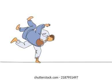 One continuous line drawing of two young sporty men training judo technique at sport hall. Jiu jitsu battle fight sport competition concept. Dynamic single line draw design vector illustration graphic