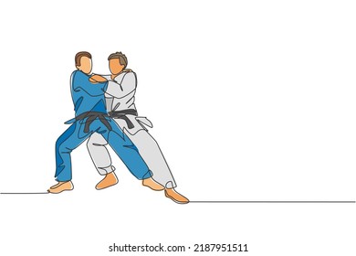 One continuous line drawing of two young sporty men training judo technique at sport hall. Jiu jitsu battle fight sport competition concept. Dynamic single line draw design graphic vector illustration