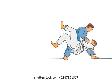 One continuous line drawing of two young sporty men training judo technique at sport hall. Jiu jitsu battle fight sport competition concept. Dynamic single line draw graphic design vector illustration