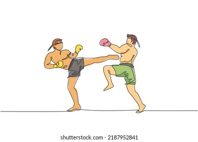 One continuous line drawing of two young sporty muay thai boxer men kicking hard sparring fight partner at box arena. Fighting sport game concept. Dynamic single line draw design vector illustration