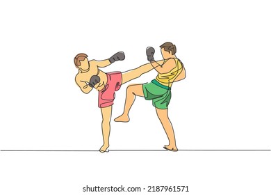 One continuous line drawing of two young sporty men kickboxer athlete exercise for sparring fight at gym center. Combative kickboxing sport concept. Dynamic single line draw design vector illustration