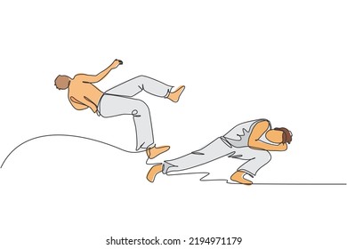 One continuous line drawing of two young sporty Brazilian fighters men training capoeira on the beach. Healthy traditional fighting sport concept. Dynamic single line draw design vector illustration