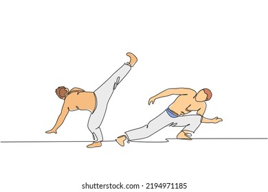 One continuous line drawing of two young sporty Brazilian fighter men training capoeira on the beach. Healthy traditional fighting sport concept. Dynamic single line draw design vector illustration