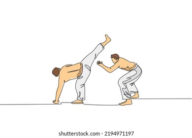 One continuous line drawing of two young sporty Brazilian fighter men training capoeira on the beach. Healthy traditional fighting sport concept. Dynamic single line draw design vector illustration