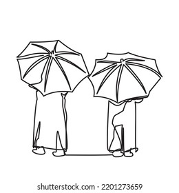 One continuous line drawing two umbrellas from rain under them are muslim girls. The concept of the arrival of autumn, beginning of school year. Vector illustration of two muslim girls under umbrellas