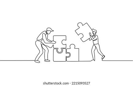 One continuous line drawing of two young businessmen push puzzle pieces to unite them as sign to start business collaboration. Modern unity teamwork concept single line draw design vector illustration