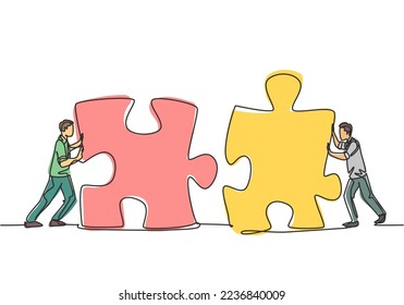 One continuous line drawing of two young businessmen push puzzle pieces to unite them as sign to start business collaboration. Modern unity teamwork concept single line draw design vector illustration