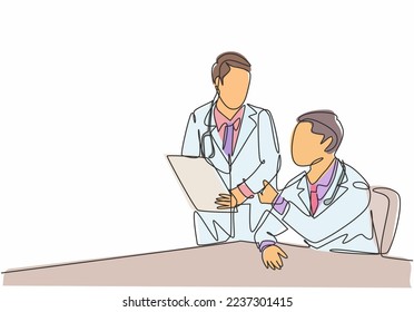 One continuous line drawing of two young doctor discuss and diagnosing patient illness from their x-ray photo result. Hospital health care service concept single line draw design vector illustration