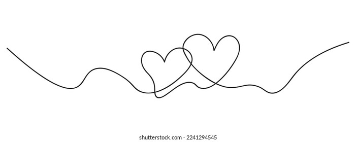 One Continuous line drawing of two hearts. Romantic symbols in simple linear style. Minimalist Doodle.isolated on white background. Vector illustration