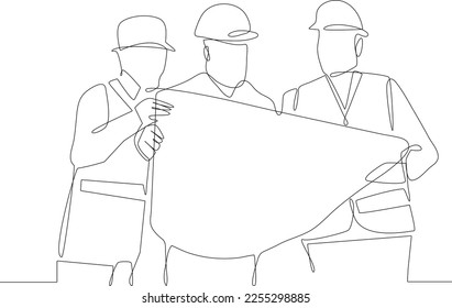 One continuous line drawing of two people discussing the next planning on the blue print. Teamwork minimalist concept. Problem-solving business concept. Teamwork, single line drawing vector graphic.