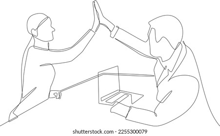 One continuous line drawing of two people found the solution after a long discussing. Teamwork minimalist concept. Problem-solving business concept. Teamwork, vector graphic design illustration.