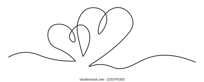One Continuous line drawing of two hearts. Romantic symbols in simple linear style. Minimalist Doodle.isolated on white background. Vector illustration