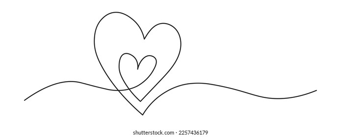 One Continuous line drawing of two hearts. Romantic symbols in simple linear style. Minimalist Doodle.isolated on white background. Vector illustration
