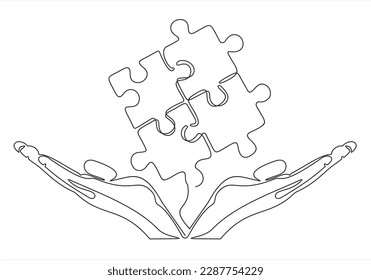 One continuous line drawing of two hands holding puzzle pieces to unite them as sign to start business collaboration. Jigsaw wooden puzzle on white background. Concept of connection