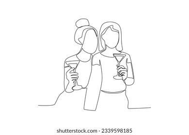 One continuous line drawing of two friends who were hanging out and taking pictures