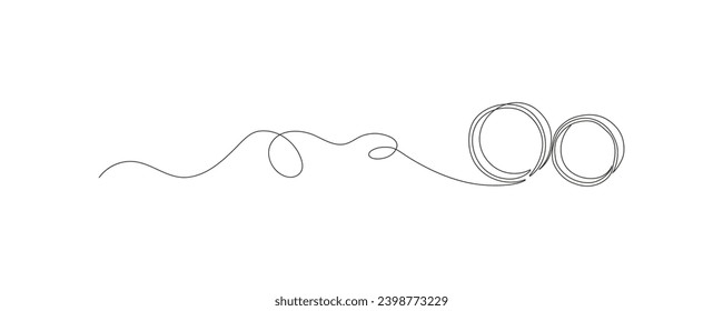 One continuous line drawing of two wedding rings. Subtle swirls and romantic symbols in a simple linear style. Editable stroke. Minimalistic Doodle vector illustration.