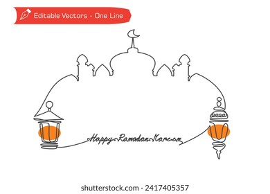 One continuous line drawing of two classic glass Ramadan lanterns and mosque dome as ornament. Vector illustration of unique glass Ramadan lantern for street lighting, with two different lantern model