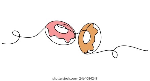 un dibujo de línea continua de dos deliciosos donuts con colorido topping aislado sobre fondo blanco. Ilustración vectorial de concepto de comida.