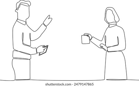 One continuous line drawing of two staff members are discussing together. Business training concept. Trendy single line draw
