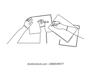 One continuous line drawing of two young people are designing a project on paper. Business Project minimalist concept. Single line draw vector graphic design illustration