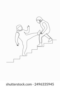 One continuous line drawing of two young are fighting.