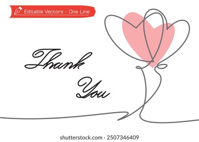 One continuous line drawing of two pink dodle style heart balloons with thank you letter. Vector illustration of two pink heart balloons cute glamor style and thank you letter for greeting card.