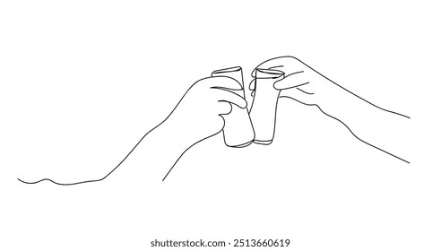 One continuous line drawing of two Clinked Glasses Of Turkish Raki alcoholic drinks. Cheers toast festive decoration for holidays, romantic Valentine's Day design.