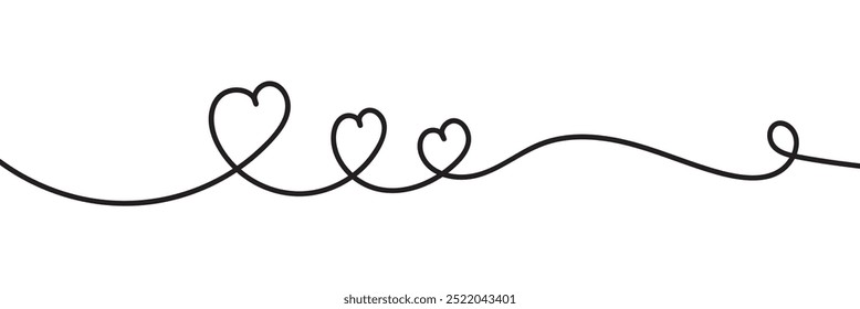 One Continuous line drawing of two hearts with love signs. Thin curls and romantic symbols in simple linear style. Editable stroke. Minimalistic Doodle vector illustration