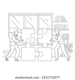 One continuous line drawing of two young businessmen push puzzle pieces to unite them as sign to start business collaboration. People connecting puzzle pieces. Teamwork, business, and collaboration.