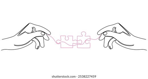 One continuous line drawing of two hands holding puzzle pieces to unite them as sign to start business collaboration. Jigsaw wooden puzzle on white background. Concept of connection, Two connected.