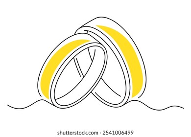 One continuous line drawing of two wedding rings. Romantic elegance concept and symbol proposal engagement and love marriage in simple linear style. Editable stroke.