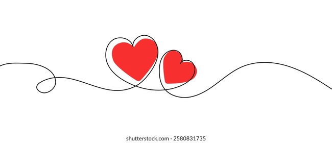 One continuous line drawing of two hearts isolated on transparent background. Editable stroke. Vector illustration