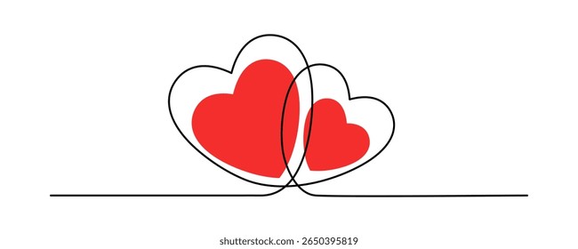 One continuous line drawing of two hearts isolated on transparent background. Editable stroke. Vector illustration