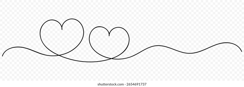 One Continuous line drawing of two hearts with love signs. Heart line drawing ribbon in vector doodle sketch. Thin flourish ribbon and romantic symbol in simple linear style. Vector illustration
