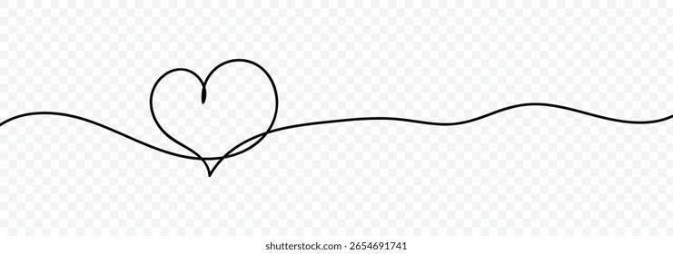 One Continuous line drawing of two hearts with love signs. Heart line drawing ribbon in vector doodle sketch. Thin flourish ribbon and romantic symbol in simple linear style. Vector illustration