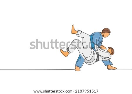 One continuous line drawing of two young sporty men training judo technique at sport hall. Jiu jitsu battle fight sport competition concept. Dynamic single line draw graphic design vector illustration