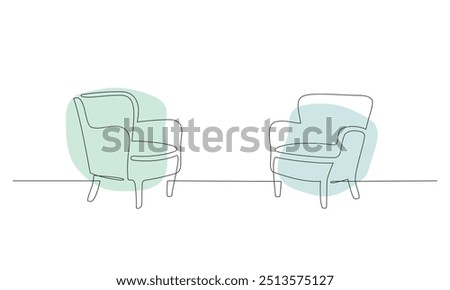 One continuous line drawing of two armchairs. Interior concept Vector illustration