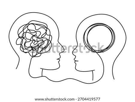 One continuous line drawing of two human profiles facing each other, with one chaotic, tangled brain form connecting to a calm, circular brain form. Minimalistic monoline concept illustrating empathy
